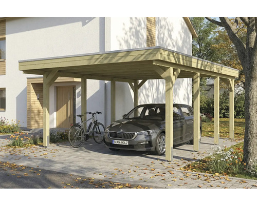 Un carport en bois avec une voiture et un vélo en dessous.