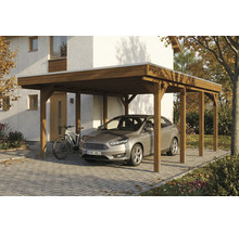 Carport aus Holz mit Auto und Fahrrad vor einem Haus