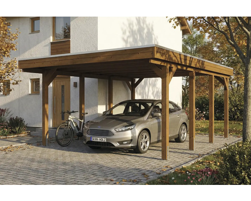 Carport aus Holz mit Auto und Fahrrad vor einem Haus