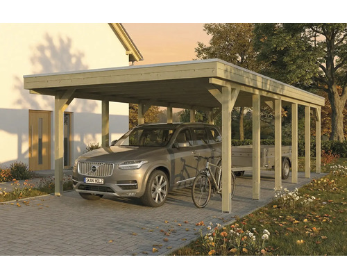 Carport en bois avec voiture, vélo et remorque sur un sol pavé