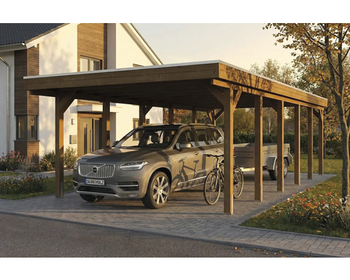 Carport en bois avec voiture, vélo et remorque