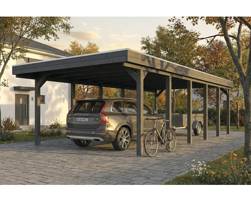 Un carport en bois avec une voiture, une remorque et un vélo en dessous