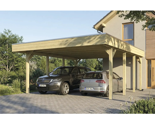 Double carport en bois avec deux voitures