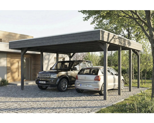 Double carport en bois avec deux voitures garées