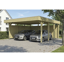 Double carport en bois avec deux voitures garées