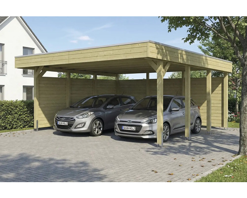 Double carport en bois avec deux voitures garées