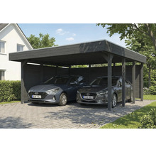 Doppelcarport aus Holz mit zwei geparkten Autos