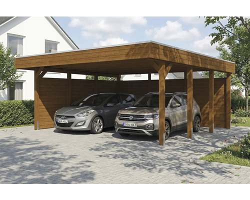 Double abri de voiture en bois avec deux voitures
