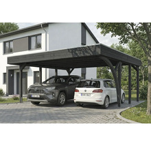 Double abri de voiture en bois avec deux voitures garées devant une maison