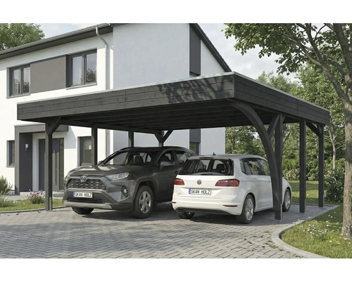 Double abri de voiture en bois avec deux voitures garées devant une maison