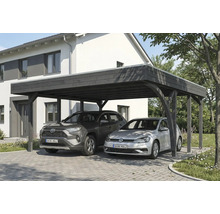 Double carport en bois avec deux voitures garées devant une maison