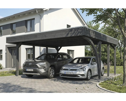 Double carport en bois avec deux voitures garées devant une maison