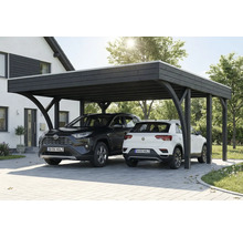 Double carport en bois avec deux voitures garées