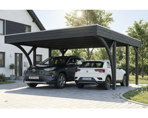 Double carport en bois avec deux voitures garées