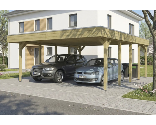 Double carport en bois avec deux voitures garées