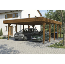 Double carport en bois avec deux voitures garées devant une maison