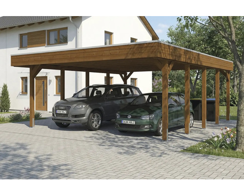 Double carport en bois avec deux voitures garées devant une maison