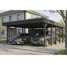 Double carport en bois avec deux voitures garées devant