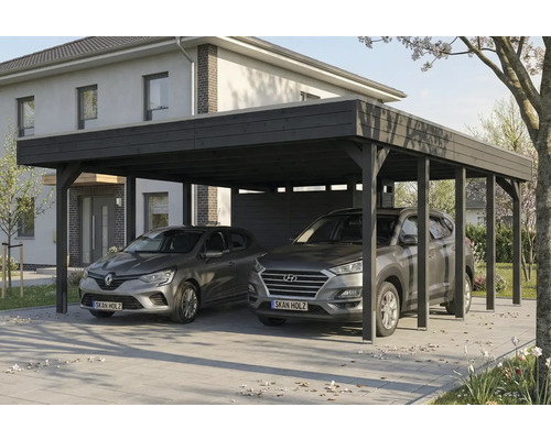 Double carport en bois avec deux voitures garées devant