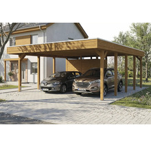 Double carport en bois avec deux voitures garées devant une maison
