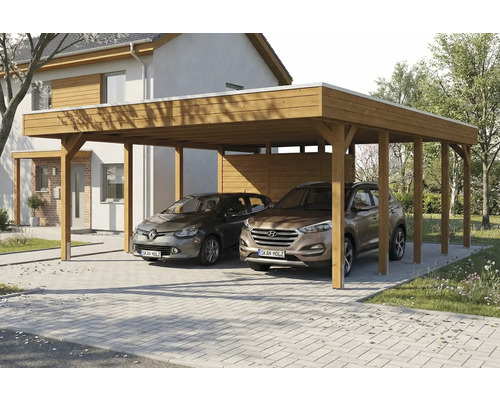 Double carport en bois avec deux voitures garées devant une maison