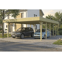 Double carport en bois avec deux voitures garées