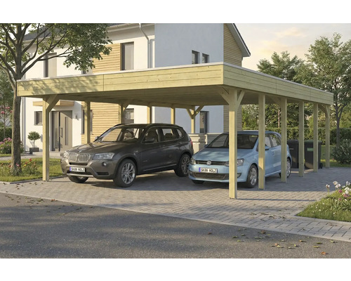 Double carport en bois avec deux voitures garées
