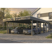 Double carport en bois avec deux voitures garées