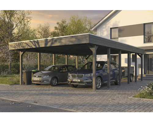 Double carport en bois avec deux voitures garées