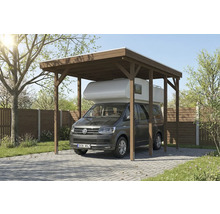 Carport en bois avec camping-car dans le jardin