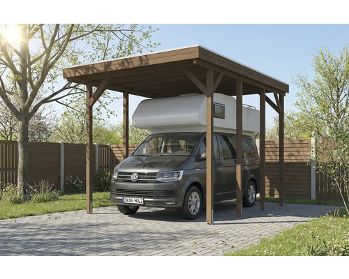 Carport en bois avec camping-car dans le jardin