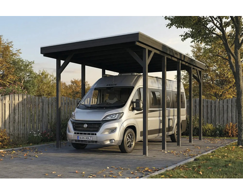 Camping-car sous un abri de voiture en bois noir