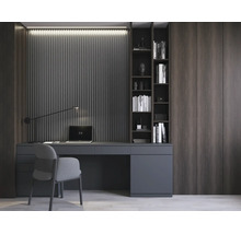Moderner Arbeitsplatz mit Schreibtisch, gepolstertem Bürostuhl, vertikalen Wandpaneelen in Lamellenoptik und einem integrierten Regal.