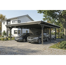 Double carport en bois avec deux voitures garées et une remorque