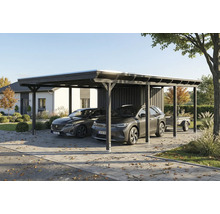 Double carport en bois avec deux voitures et une remorque