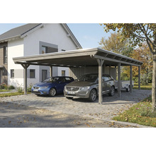 Double carport en bois avec deux voitures et remorque