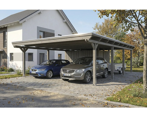 Double carport en bois avec deux voitures et remorque