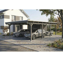 Double carport en bois avec deux voitures garées et une remorque