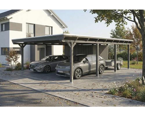 Double carport en bois avec deux voitures garées et une remorque