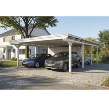 Double carport en bois avec deux voitures garées et une remorque à l'arrière-plan