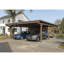 Double carport en bois avec deux voitures et une remorque
