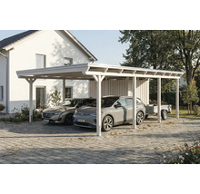 Double carport en bois avec deux voitures garées et une remorque