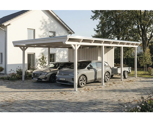Double carport en bois avec deux voitures garées et une remorque