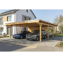 Carport en bois avec deux voitures garées