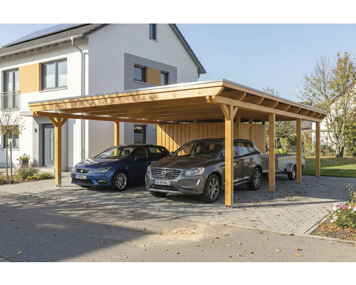 Carport en bois avec deux voitures garées