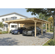 Double carport en bois avec deux voitures garées