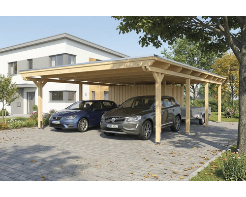 Double carport en bois avec deux voitures garées