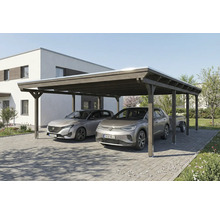 Double carport en bois avec deux voitures garées