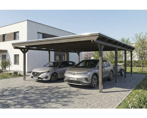 Double carport en bois avec deux voitures garées