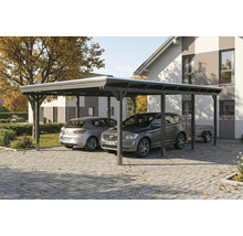 Double carport en bois avec deux voitures garées et une remorque